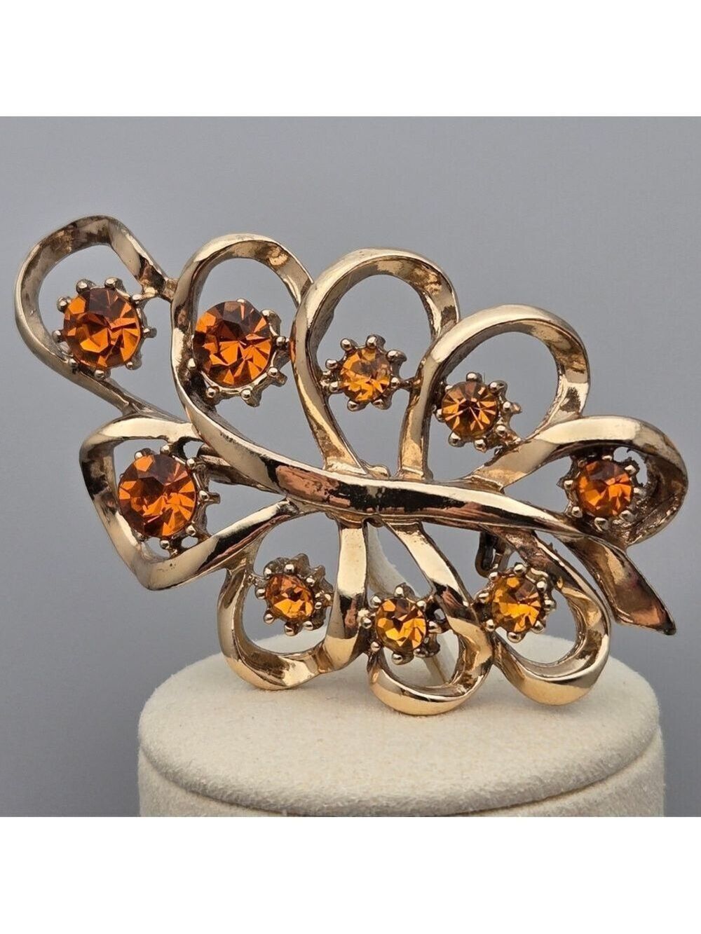 Coro Feather Brooch Vintage Art Deco Era Pin Gold Tone Amber Stones